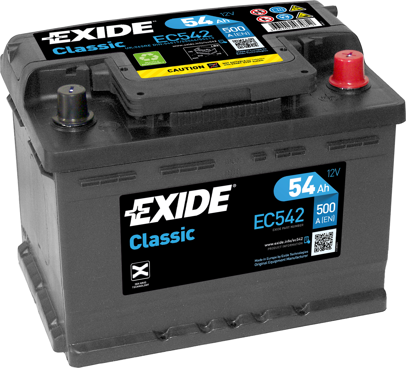 EC542 Exide Classic Car Battery 065RE 065 Type 54AH 500 EN CCA 2 Years Warranty