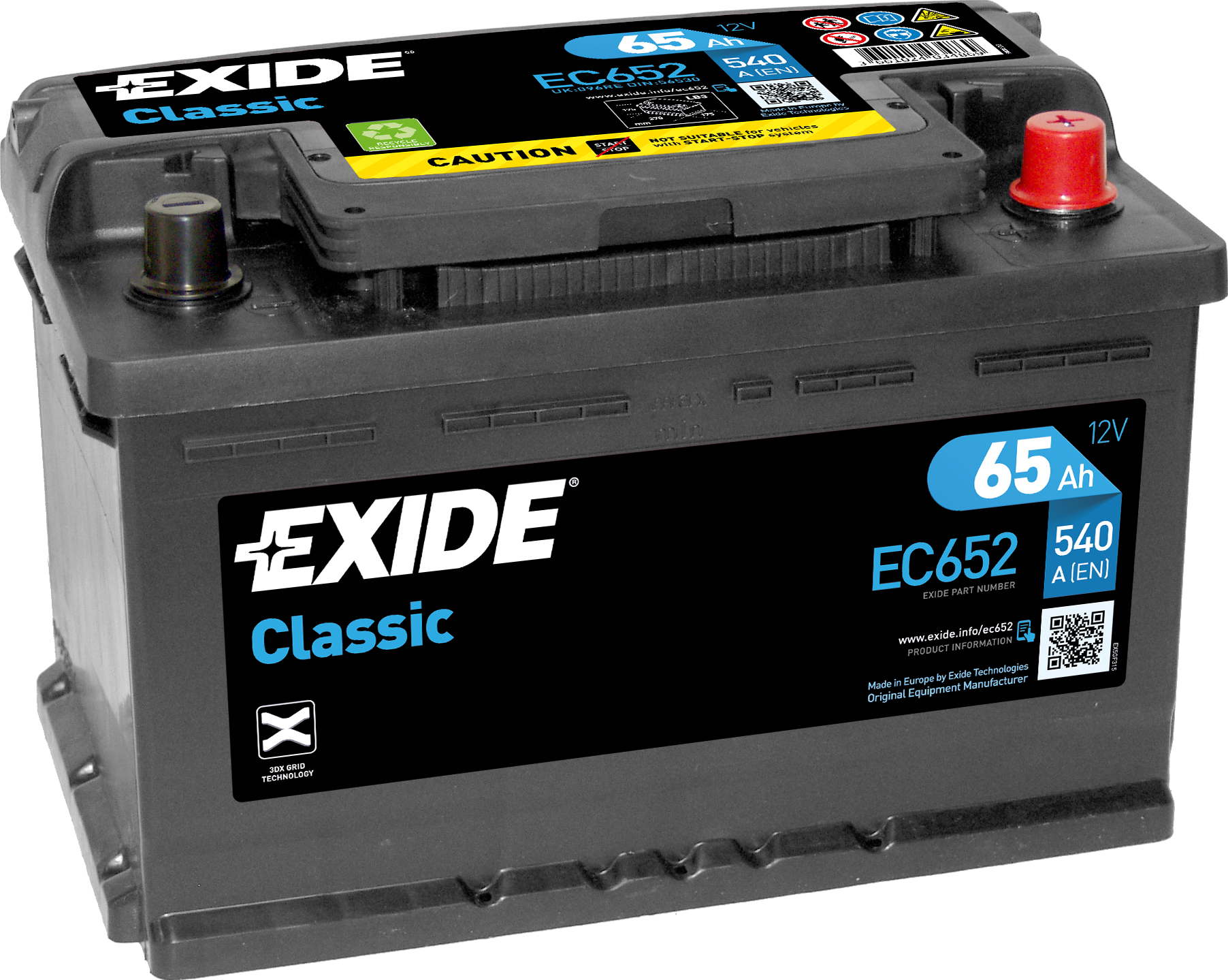 EC652 Exide Classic Car Battery W096RE 100 Type 65AH 540 EN CCA 2 Years Warranty